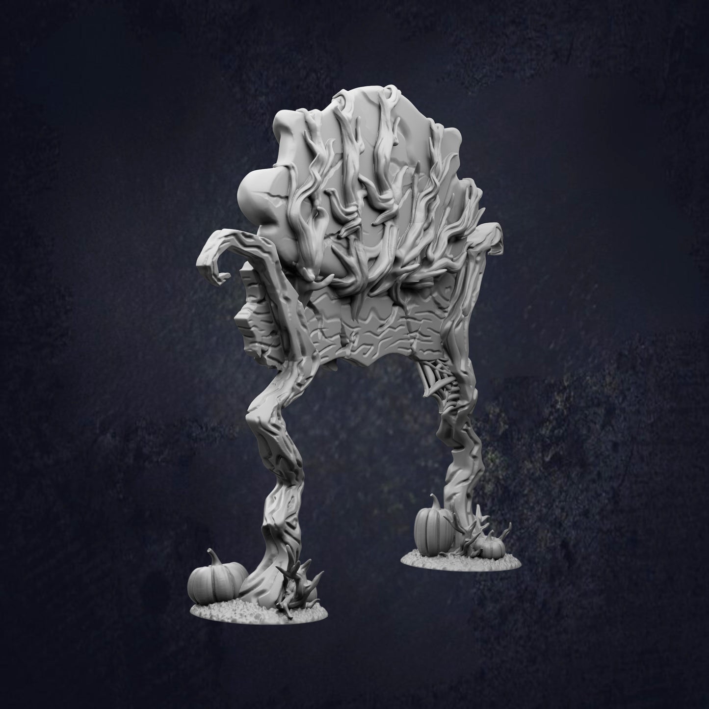 A 3D rendering of a fantastical creature resembling a twisted, organic-looking form with a large head and legs, set against a dark background.
