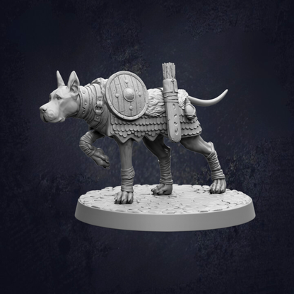 A detailed 3D model of a dog-like creature, possibly a mythical or fantastical animal, standing on a circular base and wearing a shield and other protective gear.