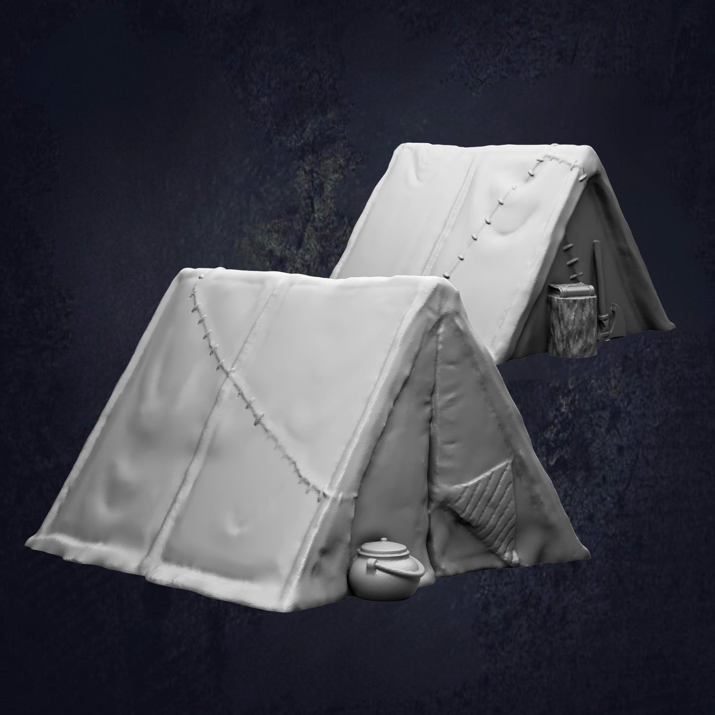 A 3D rendering of a tent with a pot and other camping gear, set against a dark background.