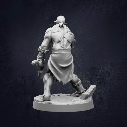 A white figurine of a muscular, battle-ready figure stands on a base against a dark background.