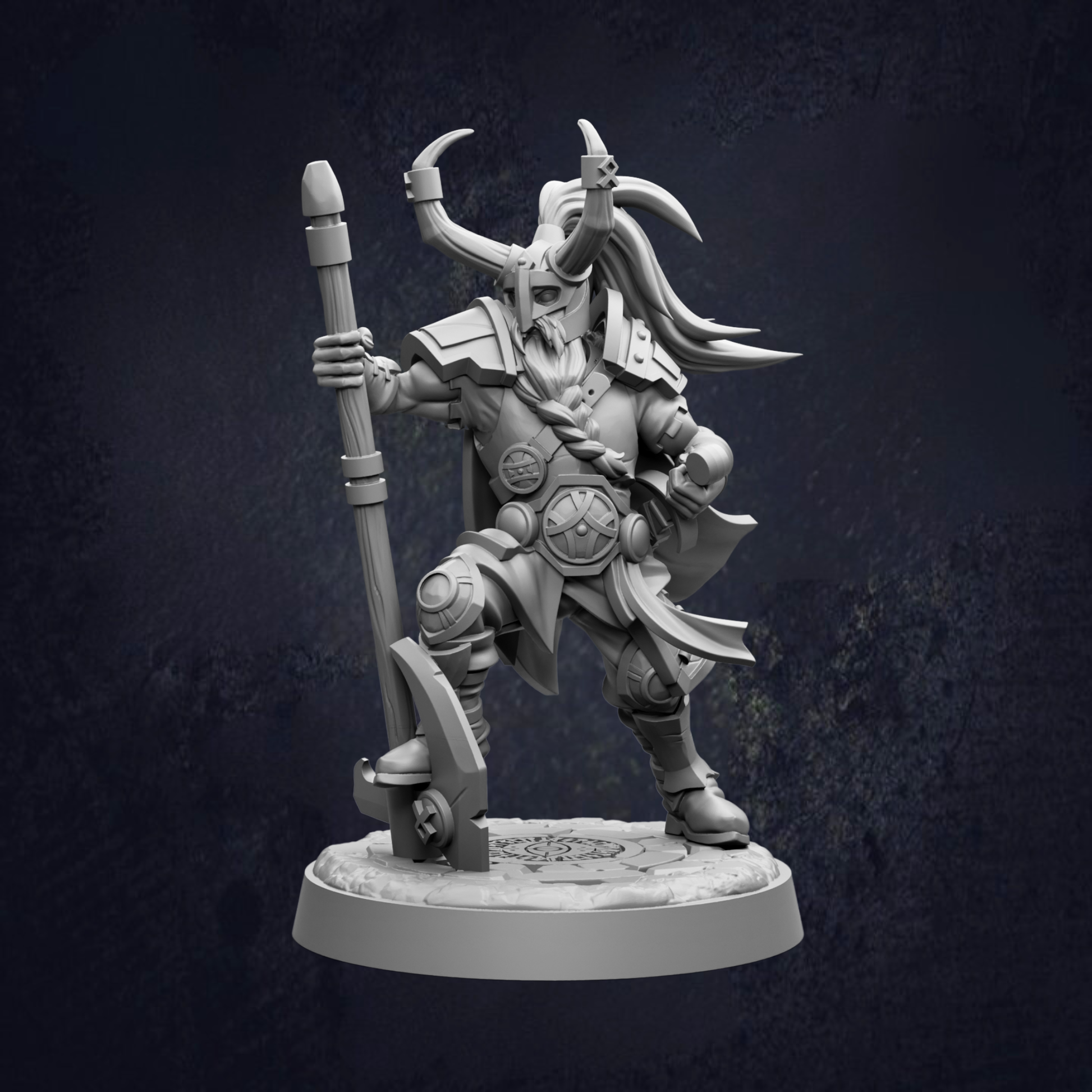 A detailed 3D model of a warrior figure, standing on a base and holding a weapon.