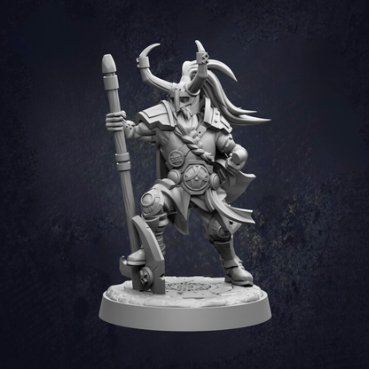 A detailed 3D model of a warrior figure, standing on a base and holding a weapon.