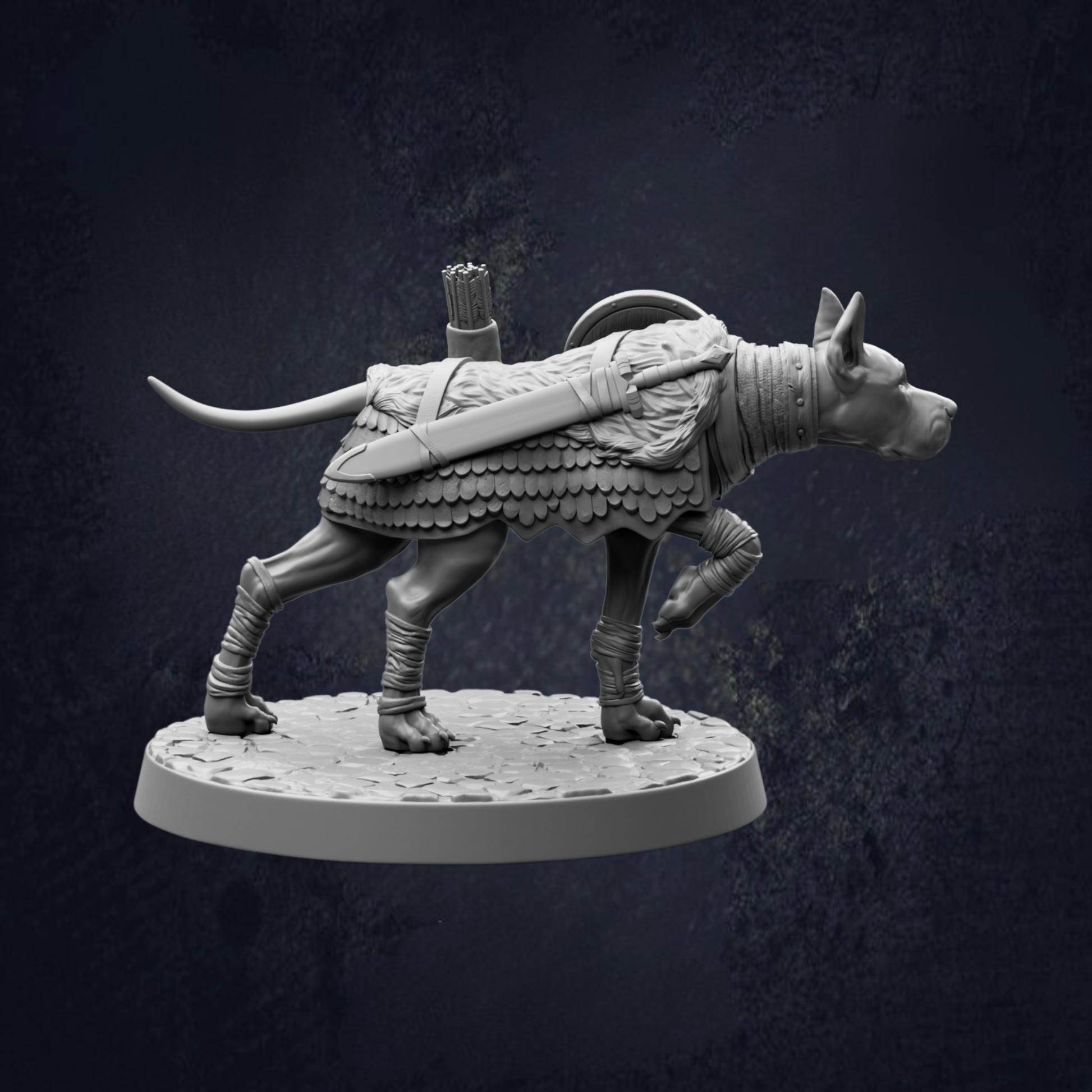 A detailed 3D model of a dog-like creature, possibly a mythical or fantastical animal, standing on a platform and holding a bow and arrow.