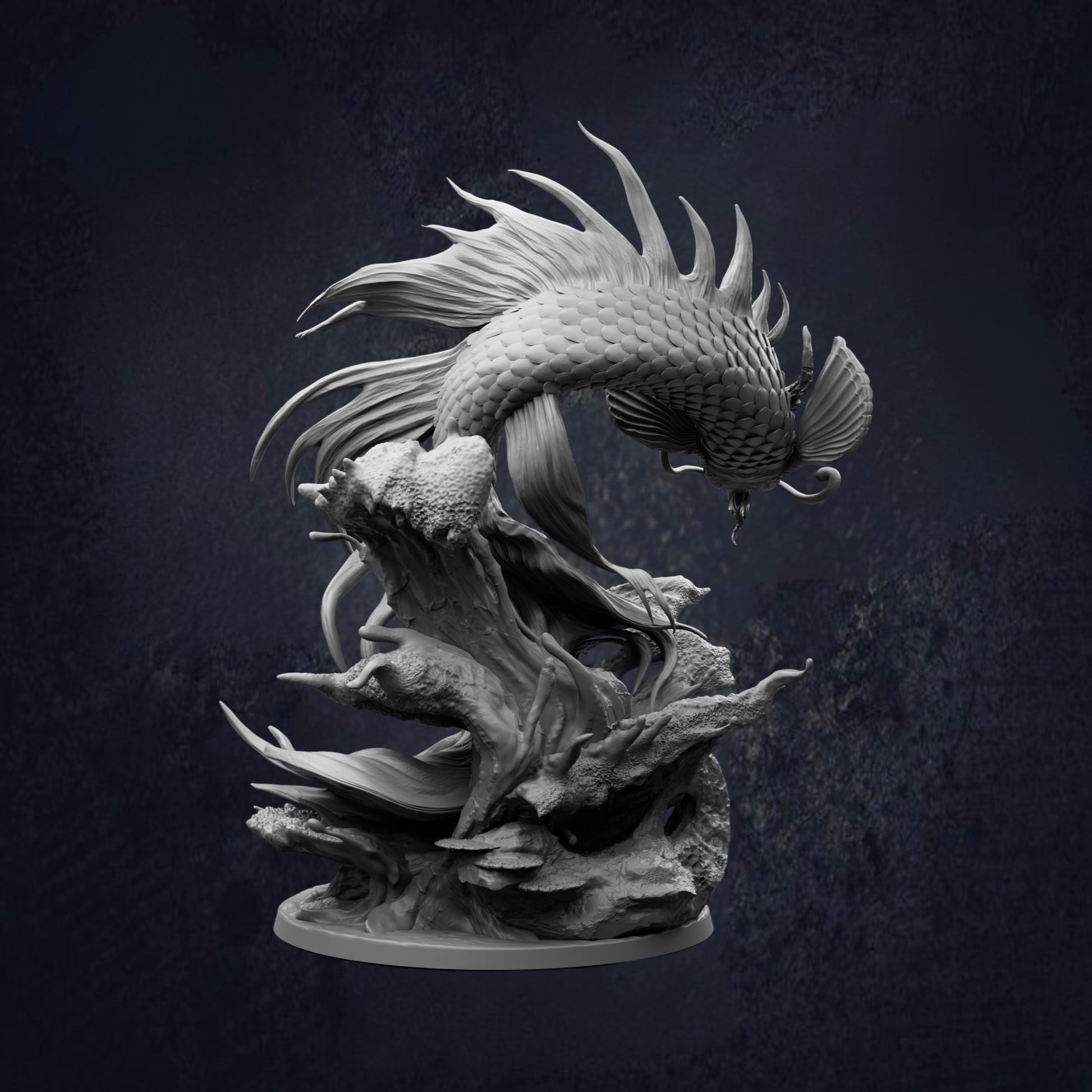 Rear view of the Koi Dragon Gargantuan Ancient Water Dragon D&D RPG miniature, showing a serpentine dragon with flowing fins, whiskers and detailed scales rising from a rocky ocean base. 166mm tall on a 100mm base. Requires assembly.