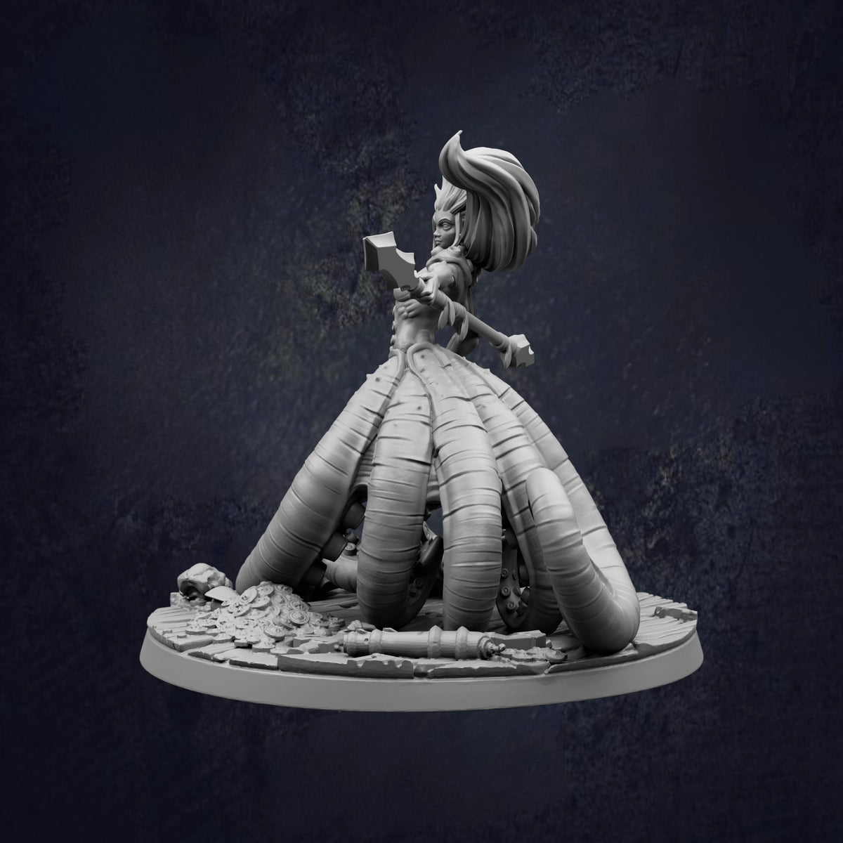 A 3D model of a female character with a large, intricate headdress and a long, flowing dress, standing on a platform and holding a weapon.