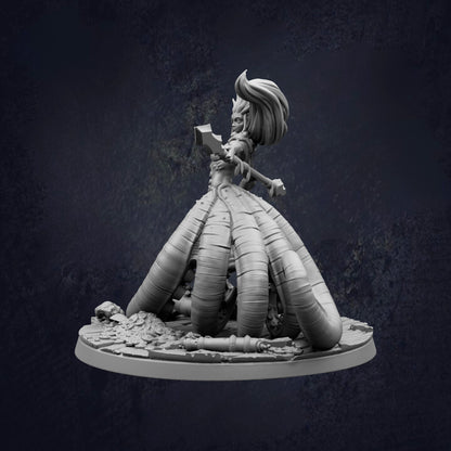 A 3D model of a female character with a large, intricate headdress and a long, flowing dress, standing on a platform and holding a weapon.