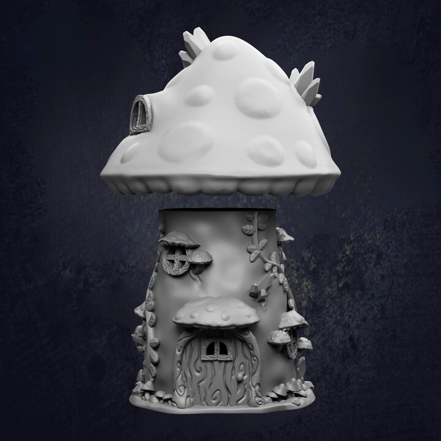 A whimsical mushroom-shaped house with a pointed roof, adorned with various mushrooms and other organic elements, set against a dark background.