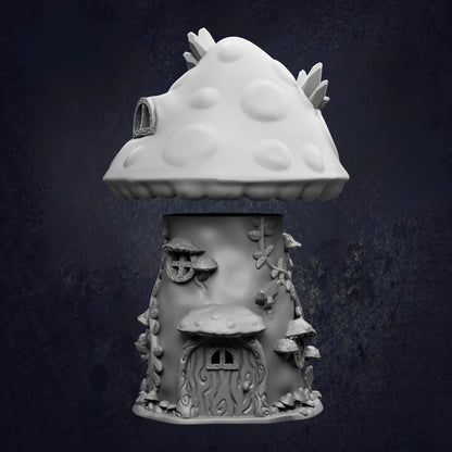 A whimsical mushroom-shaped house with a pointed roof, adorned with various mushrooms and other organic elements, set against a dark background.