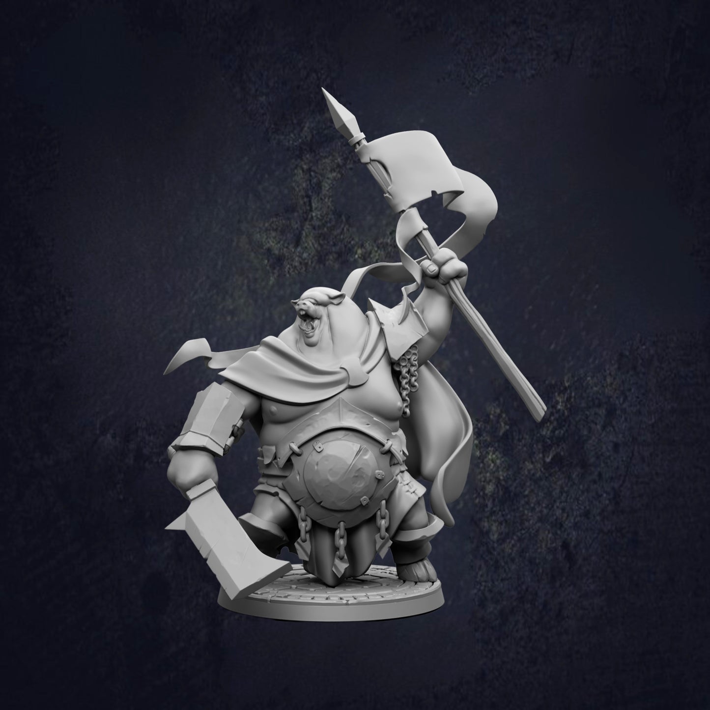 A 3D model of a character with a large, imposing figure, holding a flag and a spear.