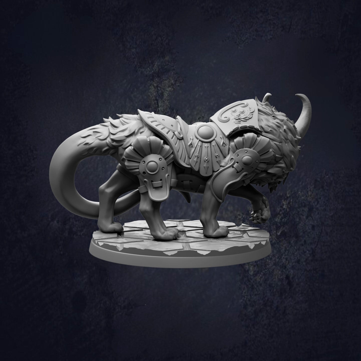 A detailed 3D model of a fantastical creature, possibly a mythical or magical being, with intricate armor and ornate decorations.