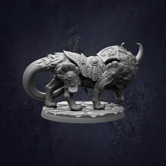 A detailed 3D model of a fantastical creature, possibly a mythical or magical being, with intricate armor and ornate decorations.
