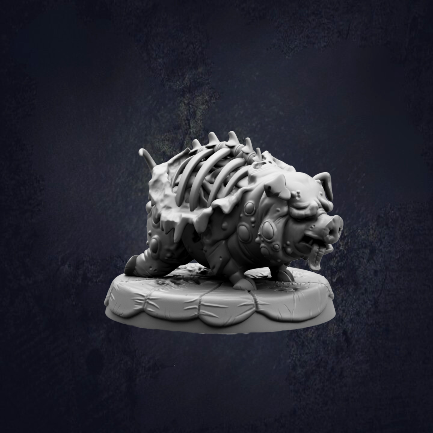 A 3D rendering of a pig-like creature with a skeletal appearance, standing on a platform against a dark background.