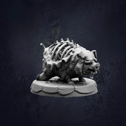 A 3D rendering of a pig-like creature with a skeletal appearance, standing on a platform against a dark background.
