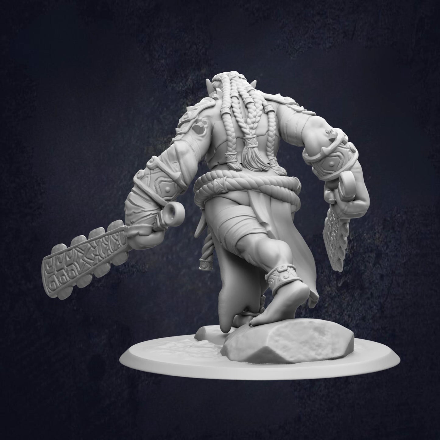 A detailed 3D model of a fantasy character, possibly a warrior or monster, standing on a rock and holding a weapon.