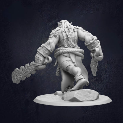A detailed 3D model of a fantasy character, possibly a warrior or monster, standing on a rock and holding a weapon.