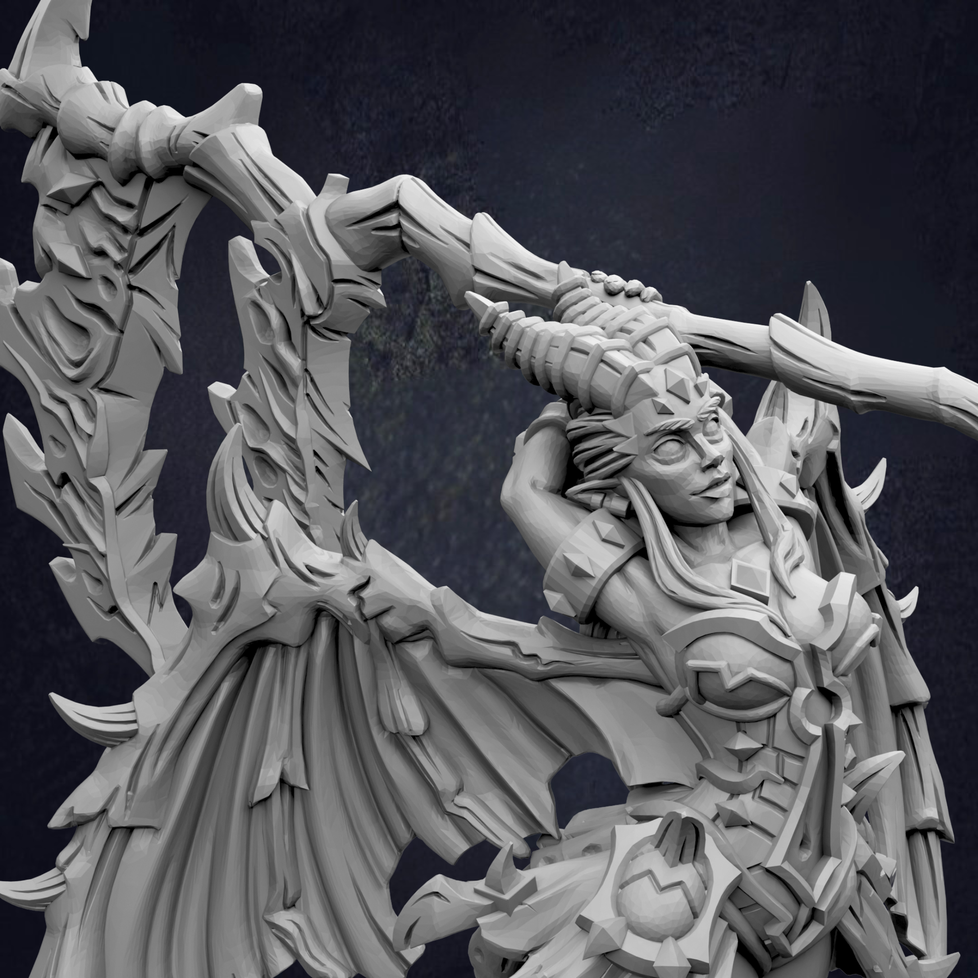 A detailed 3D rendering of a winged, armored female character with horns and a fierce expression, set against a dark background.