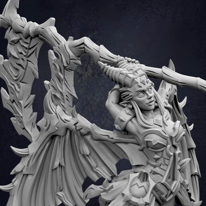 A detailed 3D rendering of a winged, armored female character with horns and a fierce expression, set against a dark background.