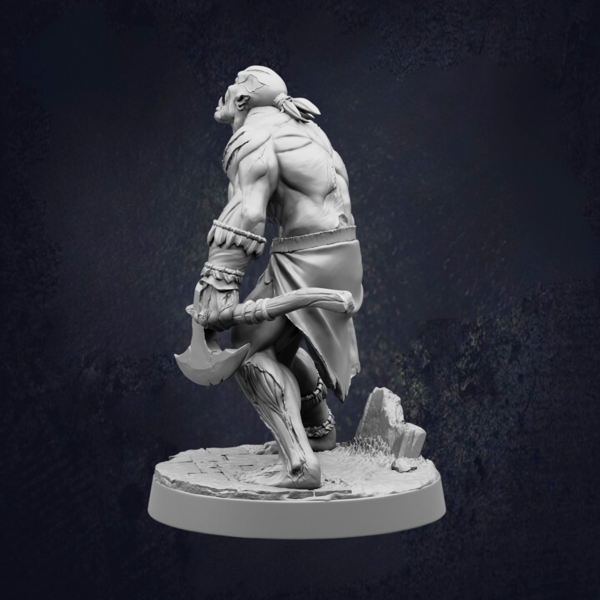 A black and white image depicting a muscular, battle-ready figure wielding a large weapon, standing on a rock formation against a dark background.