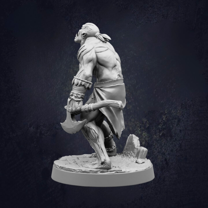 A black and white image depicting a muscular, battle-ready figure wielding a large weapon, standing on a rock formation against a dark background.
