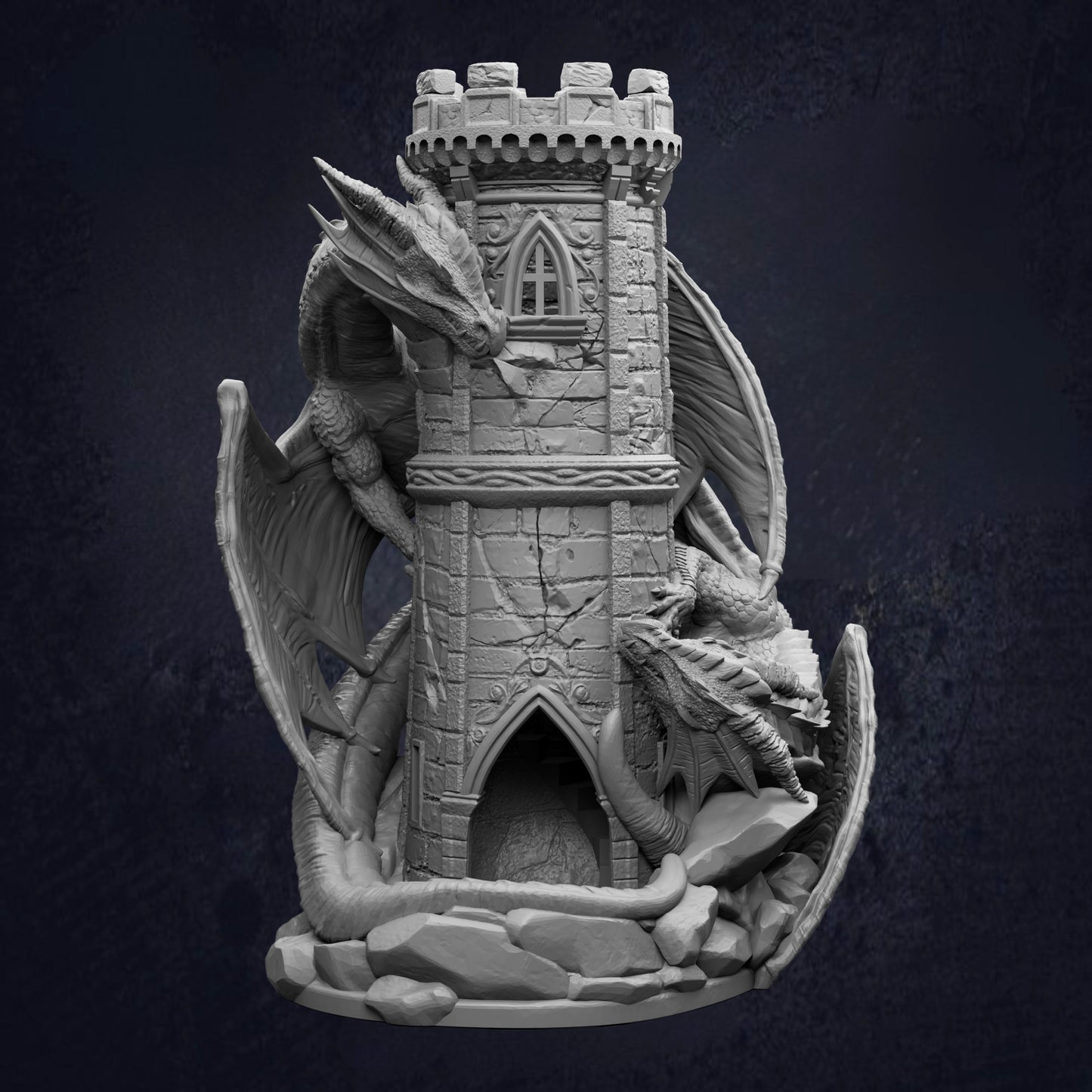 A detailed 3D rendering of a castle-like structure with two large, fierce-looking dragons perched on top.