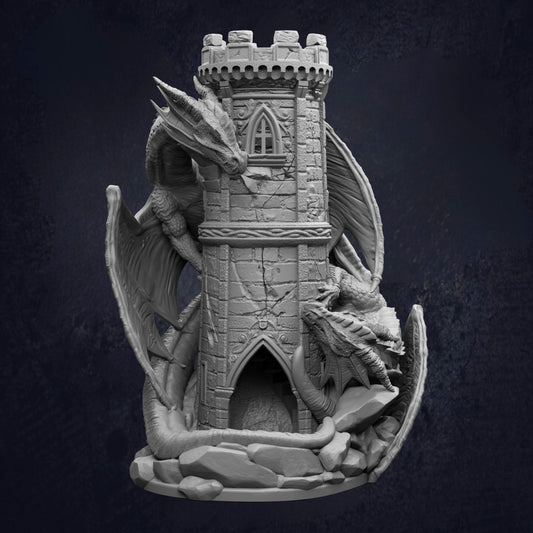 A detailed 3D rendering of a castle-like structure with two large, fierce-looking dragons perched on top.