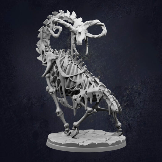 A 3D rendering of a skeletal structure of a fantastical creature, possibly a dragon or serpent, with intricate and detailed bones and features.