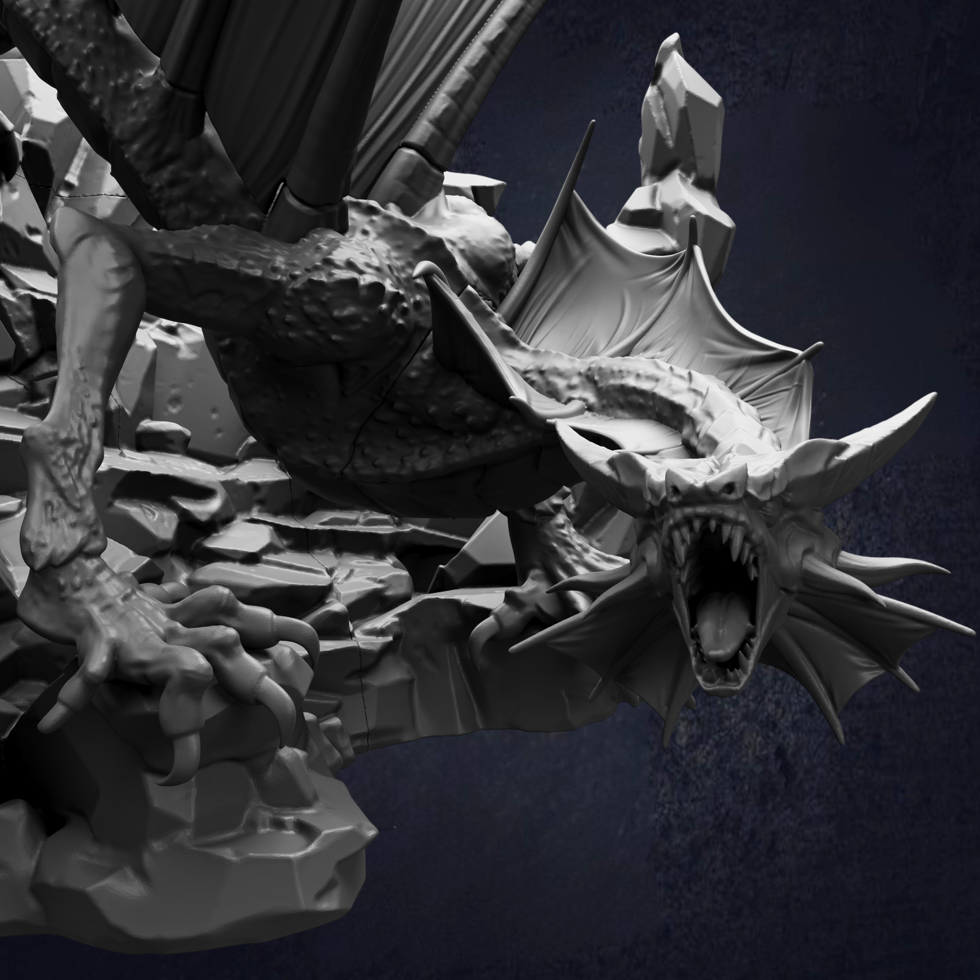 A detailed 3D rendering of a fierce-looking dragon with sharp teeth and claws, set against a dark background.