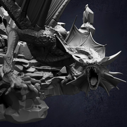 A detailed 3D rendering of a fierce-looking dragon with sharp teeth and claws, set against a dark background.