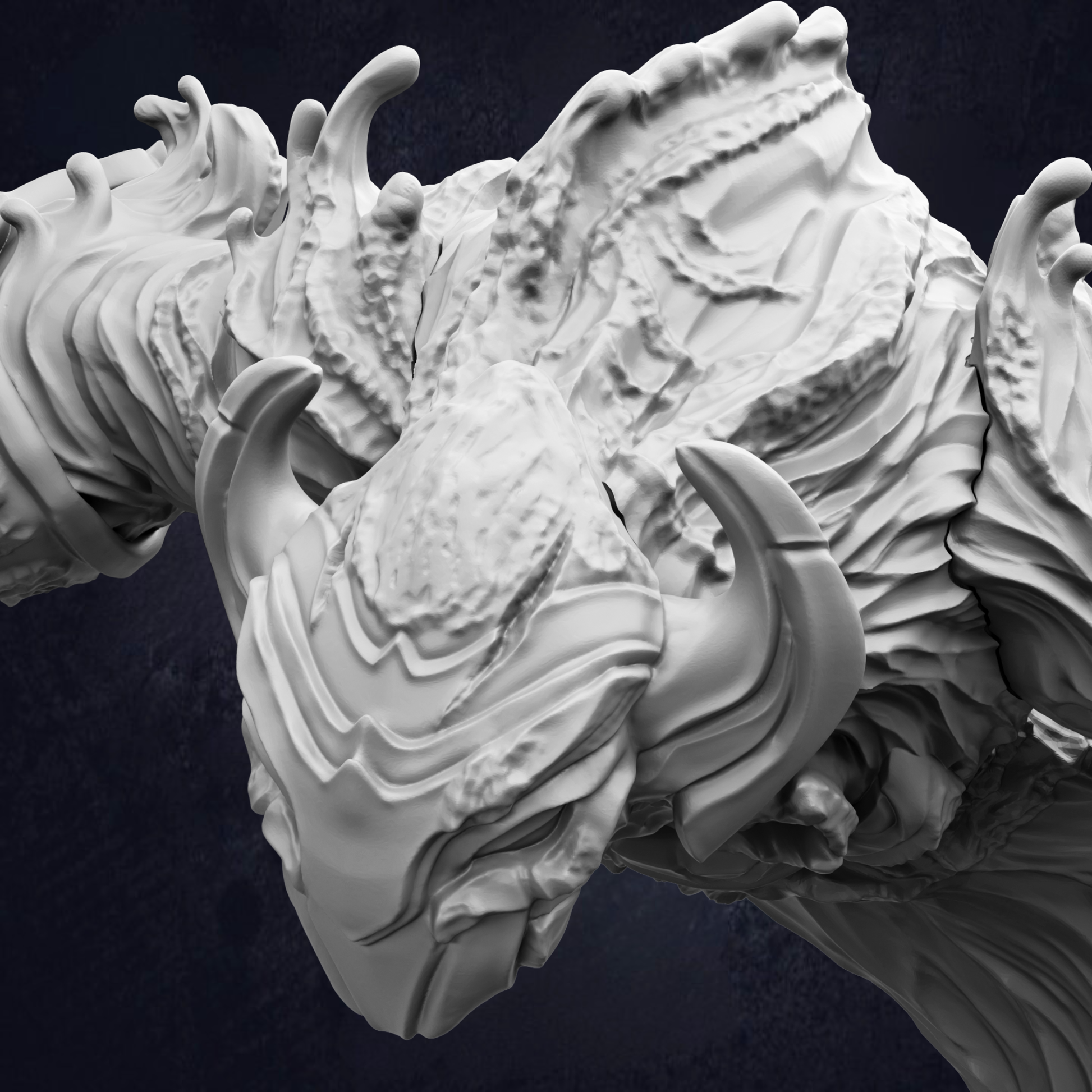 A close-up view of a detailed, intricate sculpture or model, with a textured, organic appearance. The sculpture appears to be made of a material that resembles stone or metal, with a complex, organic shape that suggests it could be a representation of a natural form or a living creature.