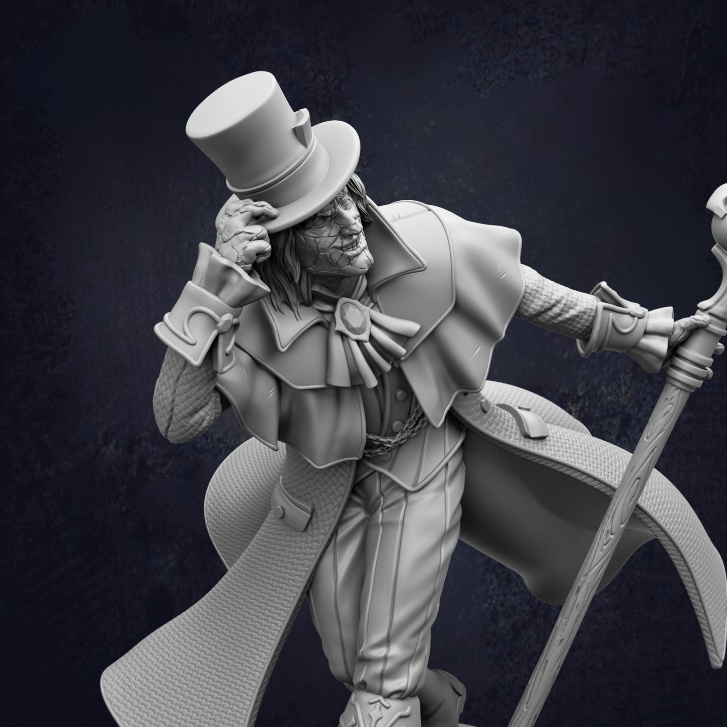 A detailed 3D rendering of a character wearing a top hat and holding a cane, standing against a dark background.
