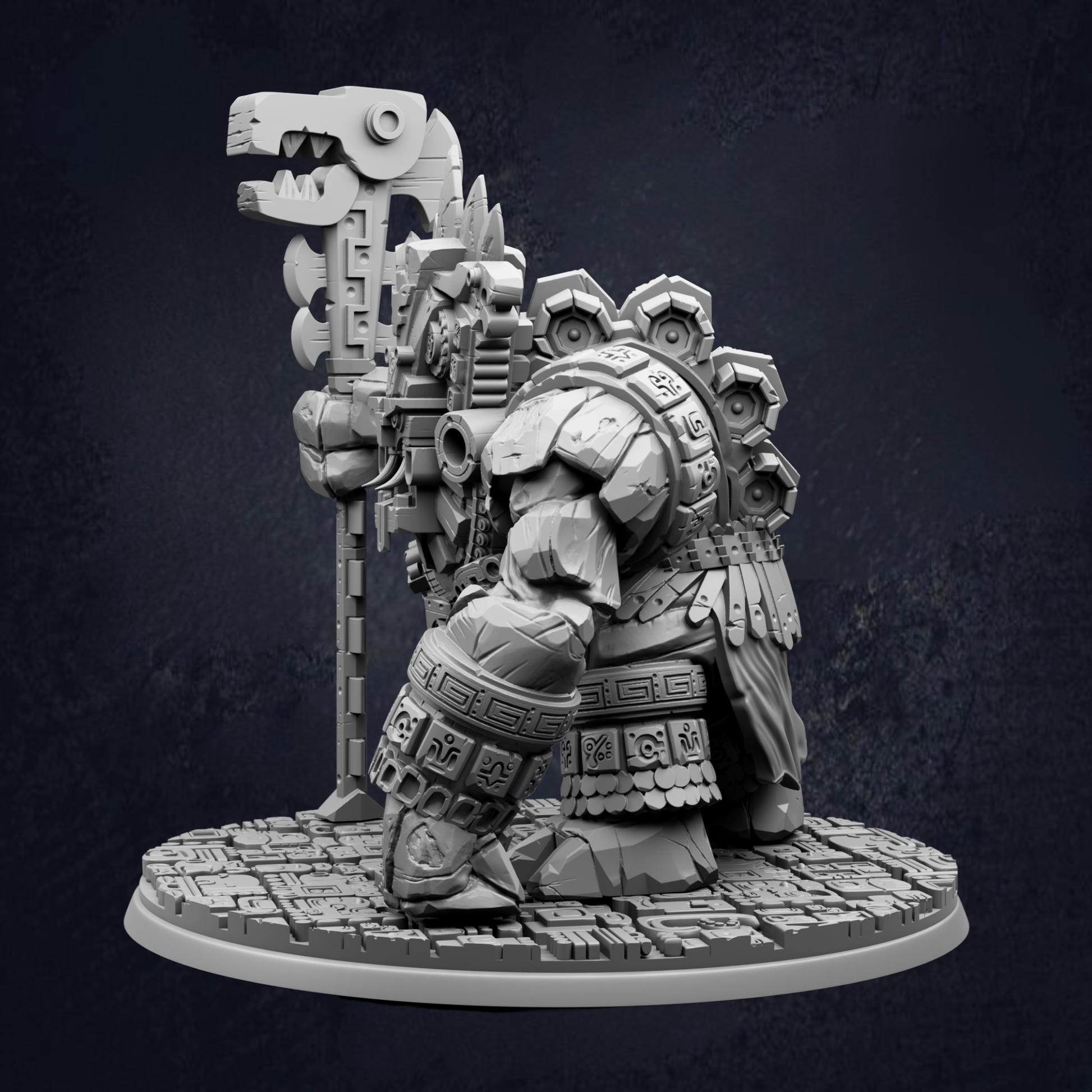 A detailed 3D model of a fantastical creature, possibly a dragon or serpent, with intricate armor and weapons. The creature is standing on a platform with a textured surface, and the background is dark, creating a dramatic and mysterious atmosphere.