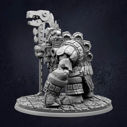A detailed 3D model of a fantastical creature, possibly a dragon or serpent, with intricate armor and weapons. The creature is standing on a platform with a textured surface, and the background is dark, creating a dramatic and mysterious atmosphere.