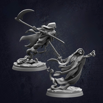 two skeletal figures, one holding a large weapon and the other appearing to be in a fighting stance.