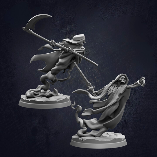 two skeletal figures, one holding a large weapon and the other appearing to be in a fighting stance.