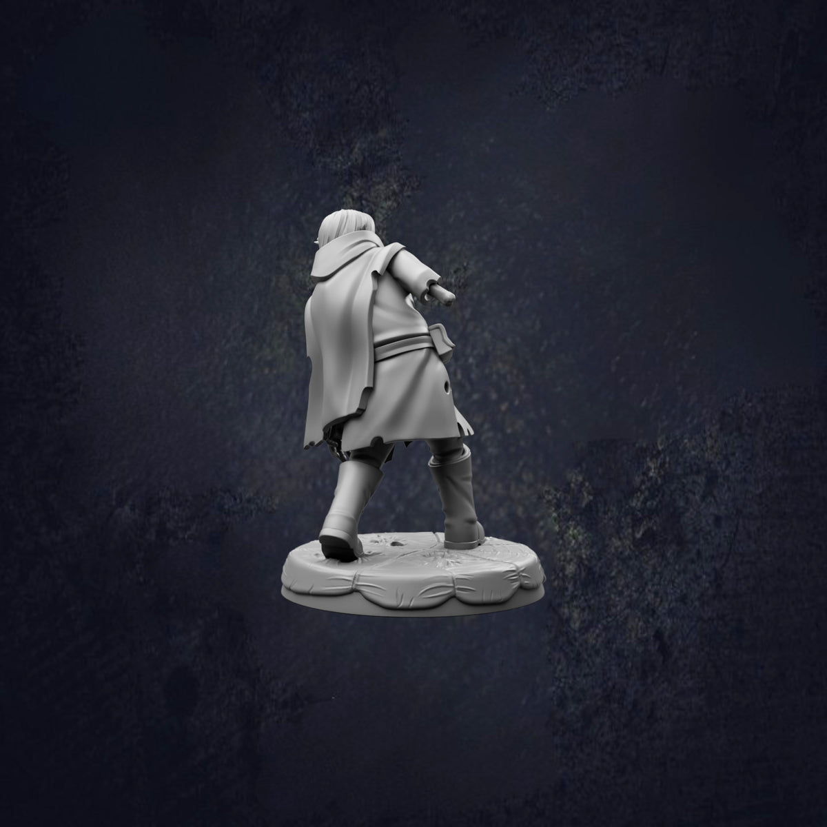 A white figurine of a person standing on a platform against a dark background.