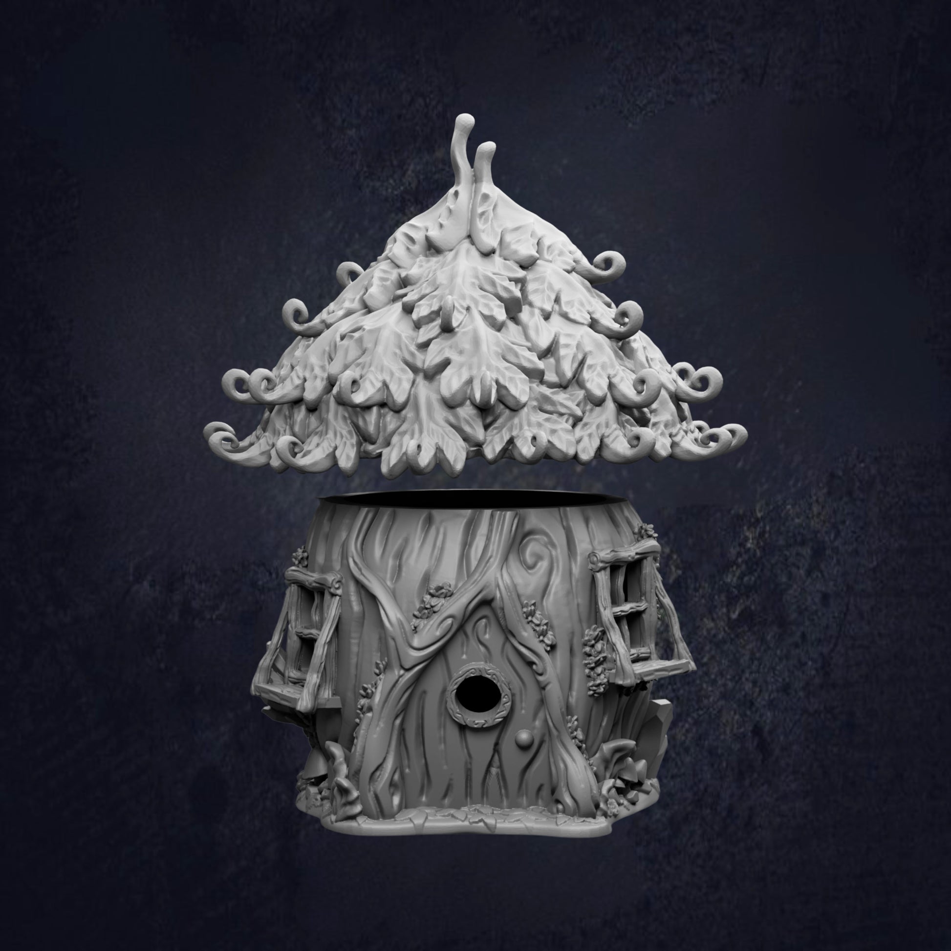 A whimsical, tree-like birdhouse with a pointed roof and intricate leaf patterns, set against a dark background.