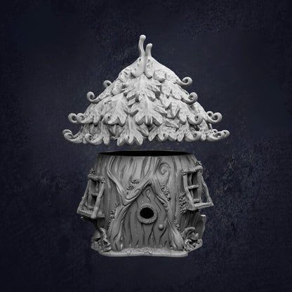 A whimsical, tree-like birdhouse with a pointed roof and intricate leaf patterns, set against a dark background.