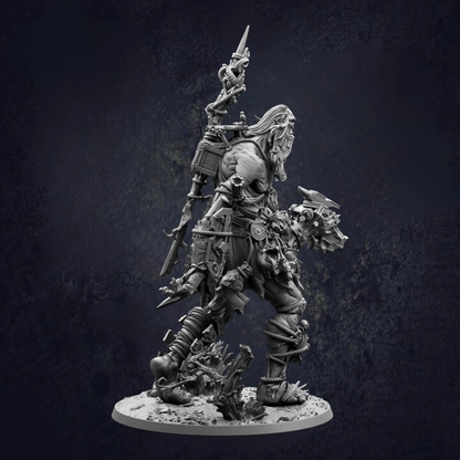 A detailed, dark-colored statue depicting a heavily armored and battle-ready warrior figure wielding various weapons and tools.