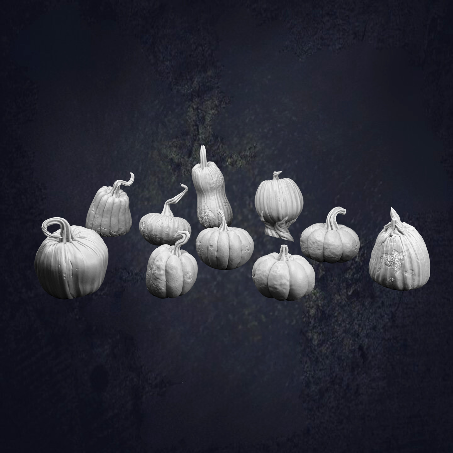 A group of nine white pumpkins arranged in a row against a dark background.