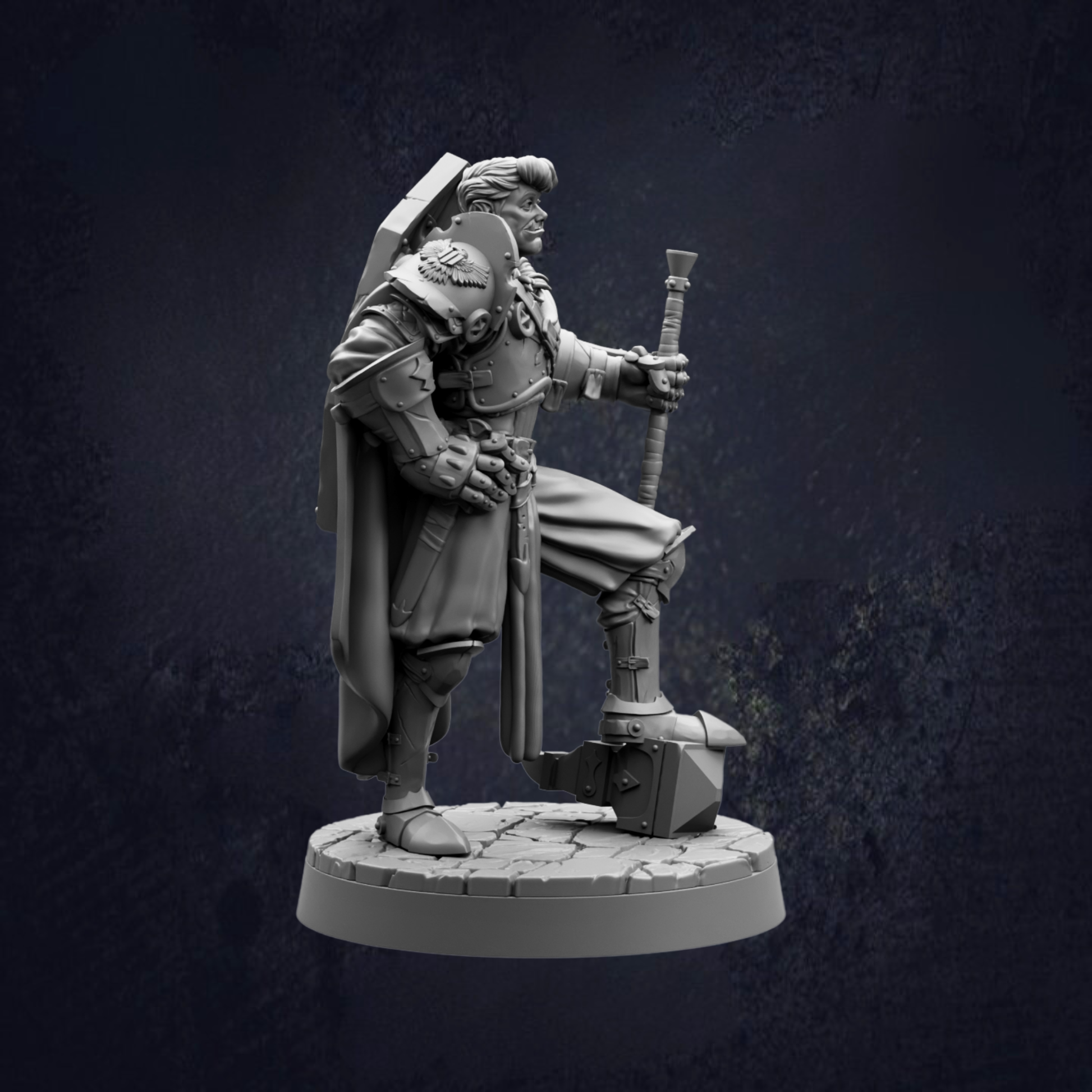 A detailed 3D model of a knight in armor, standing on a pedestal and holding a sword.