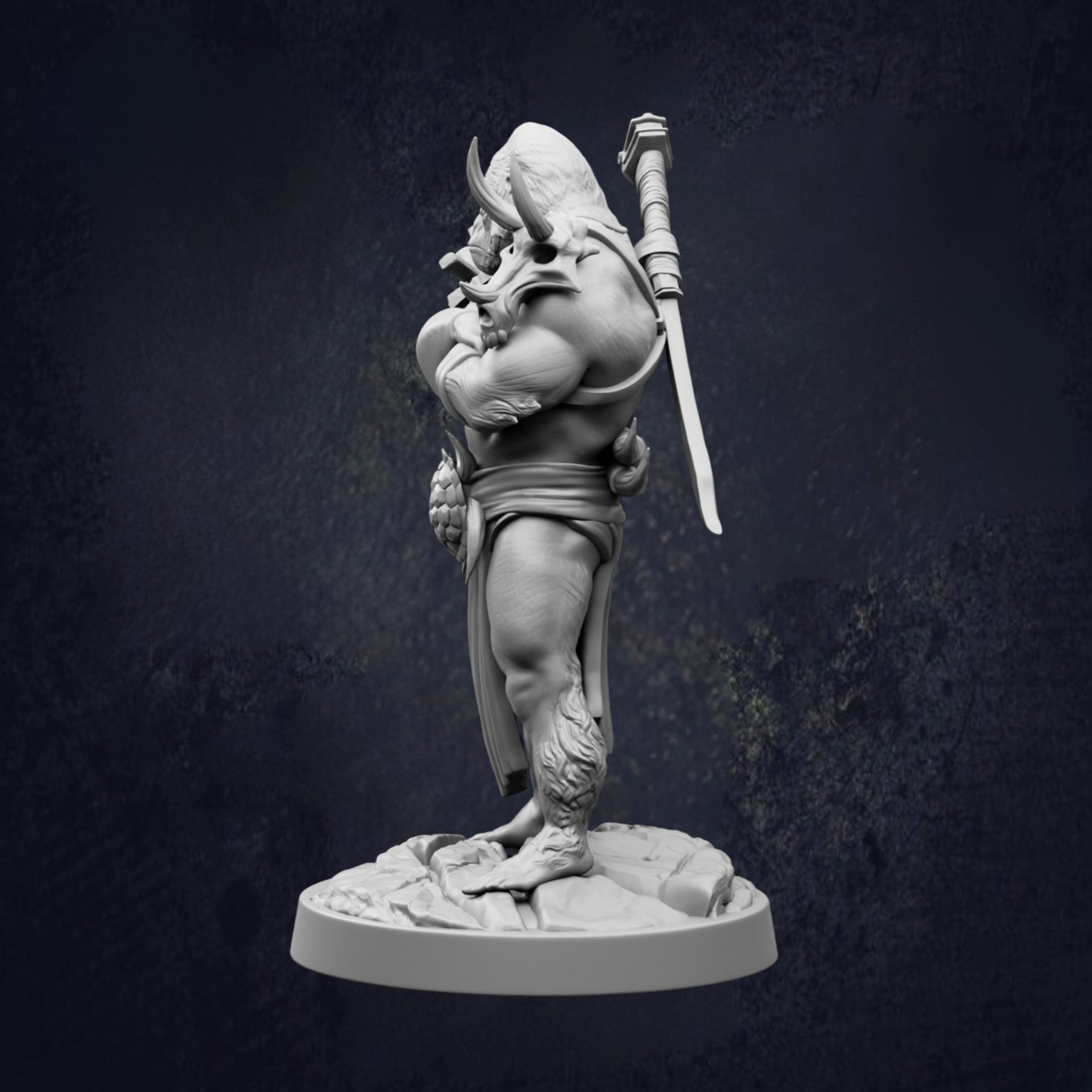 A detailed 3D model of a muscular, horned figure holding a sword and standing on a rock base against a dark background.