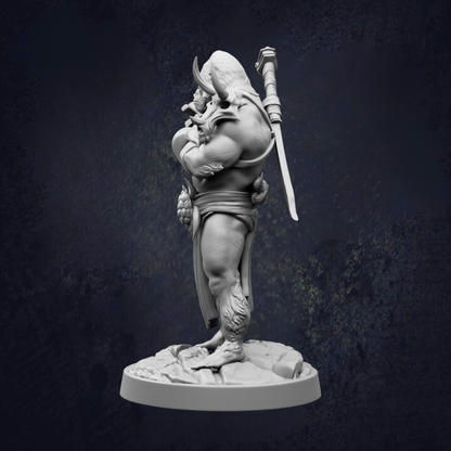 A detailed 3D model of a muscular, horned figure holding a sword and standing on a rock base against a dark background.