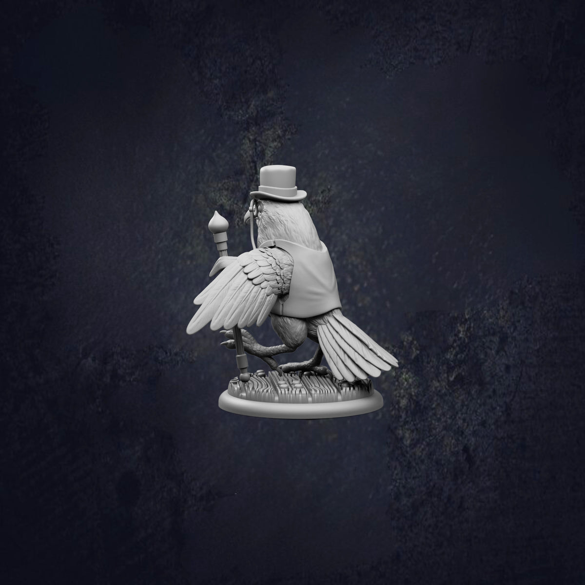 A white bird statue with a top hat and cane, standing on a base and holding a cane, against a dark background.