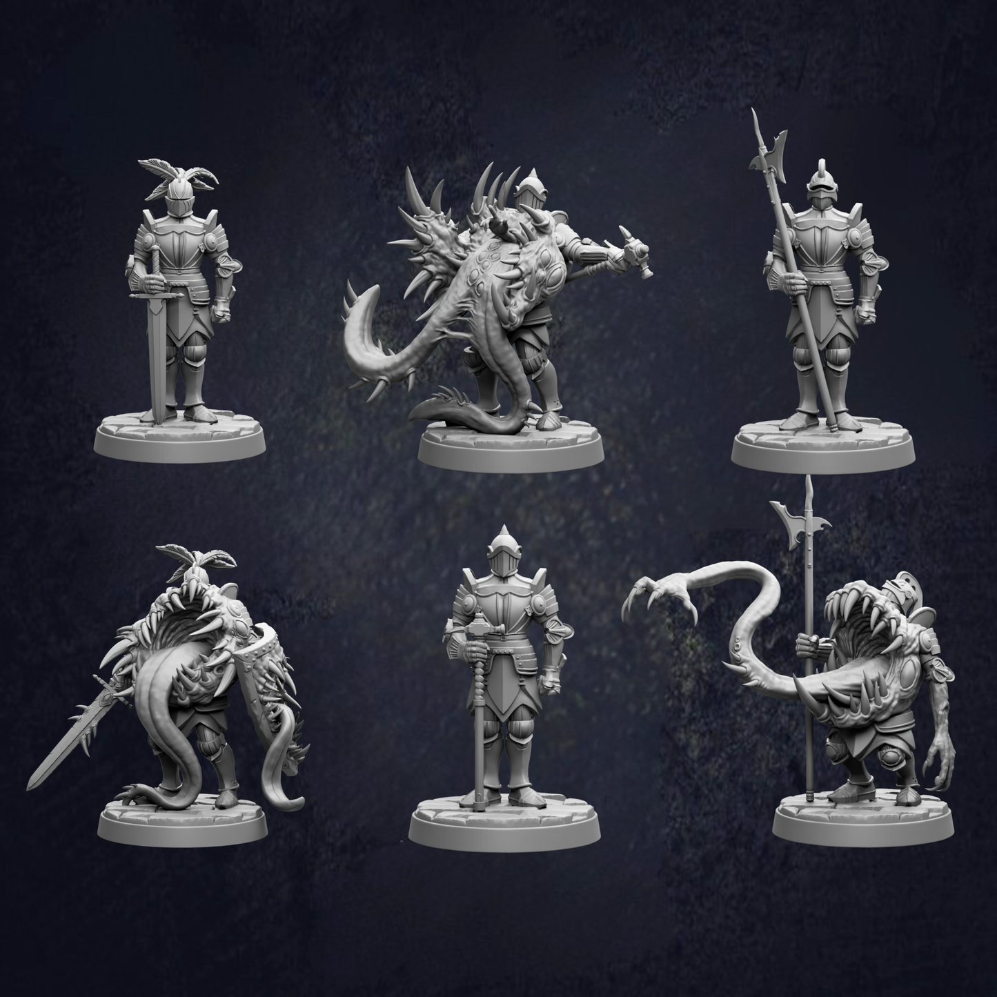 six detailed figurines of medieval knights and fantastical creatures, each with unique poses and weapons, set against a dark background.