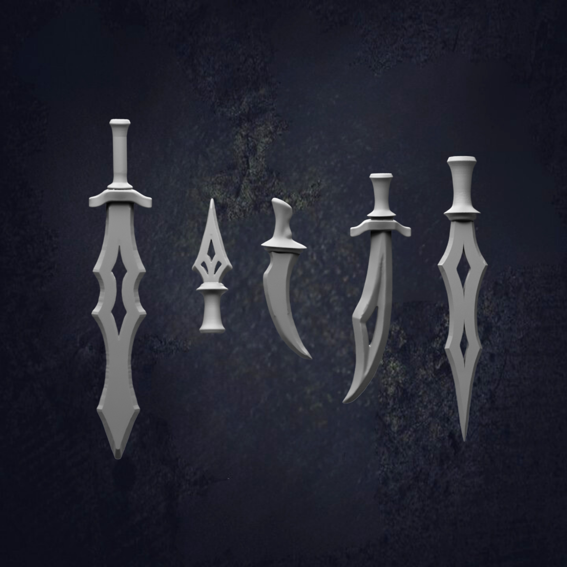 five different types of knives, each with unique shapes and designs, against a dark background.