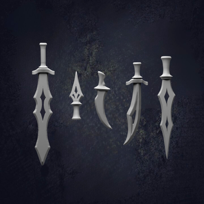 five different types of knives, each with unique shapes and designs, against a dark background.