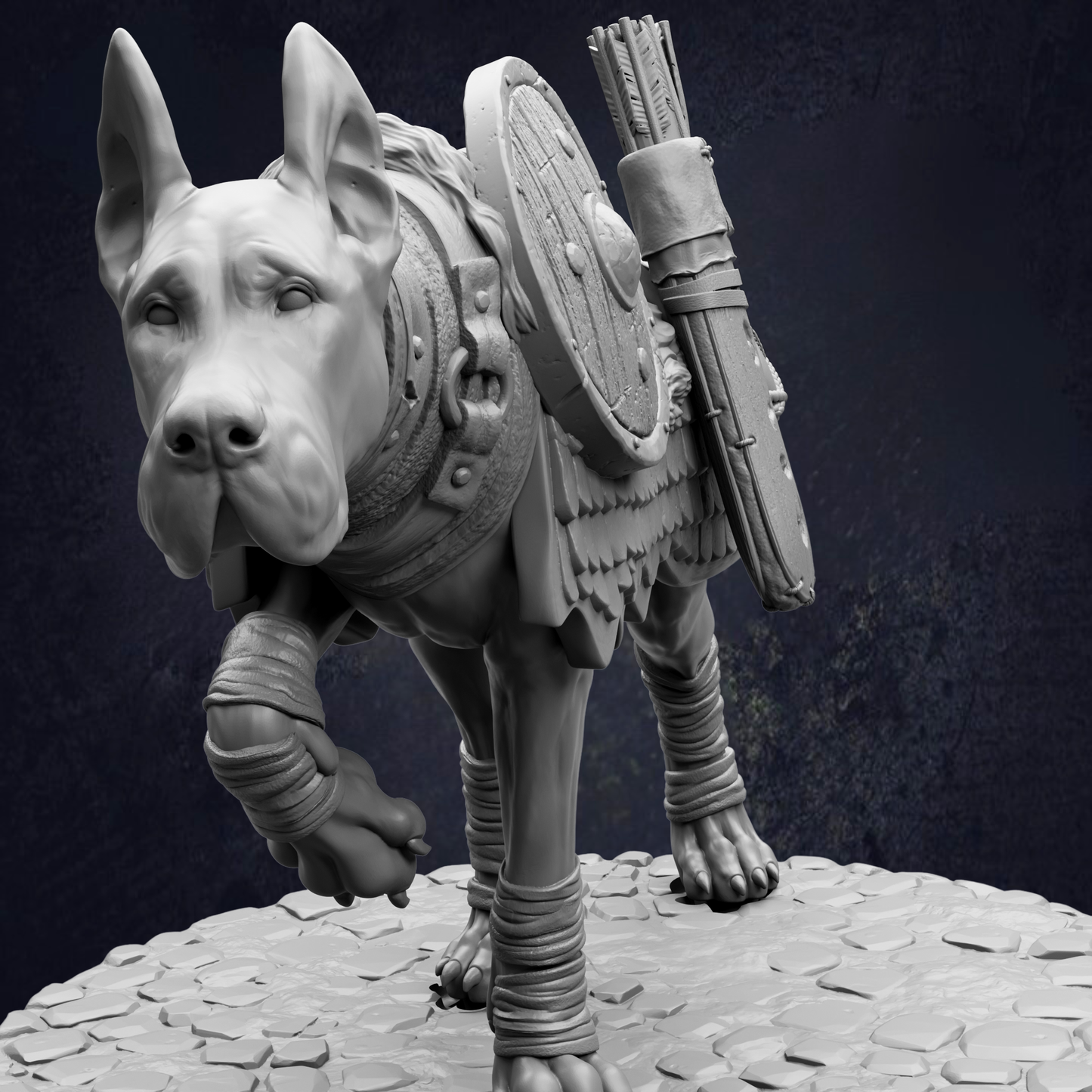 A detailed 3D model of a dog-like creature, possibly a mythical or fantastical animal, standing on a rocky surface. The creature is adorned with various weapons and armor, suggesting it may be a warrior or warrior-like figure.