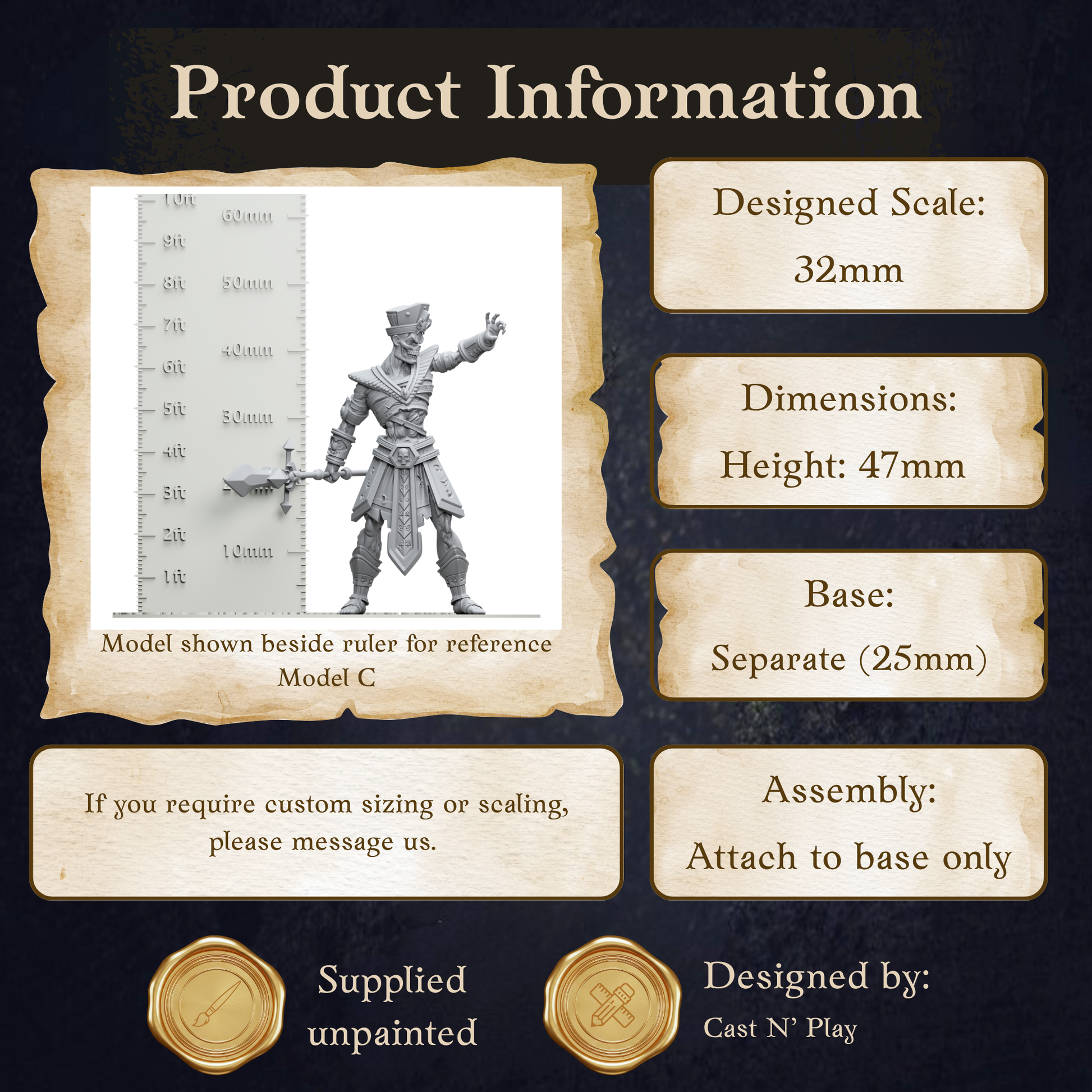 The image is a product information graphic for a figurine, specifically Model C, with dimensions and a base size of 47mm. It is designed by Cast N Play.