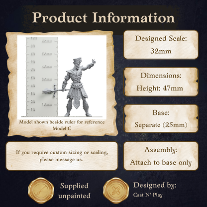 The image is a product information graphic for a figurine, specifically Model C, with dimensions and a base size of 47mm. It is designed by Cast N Play.