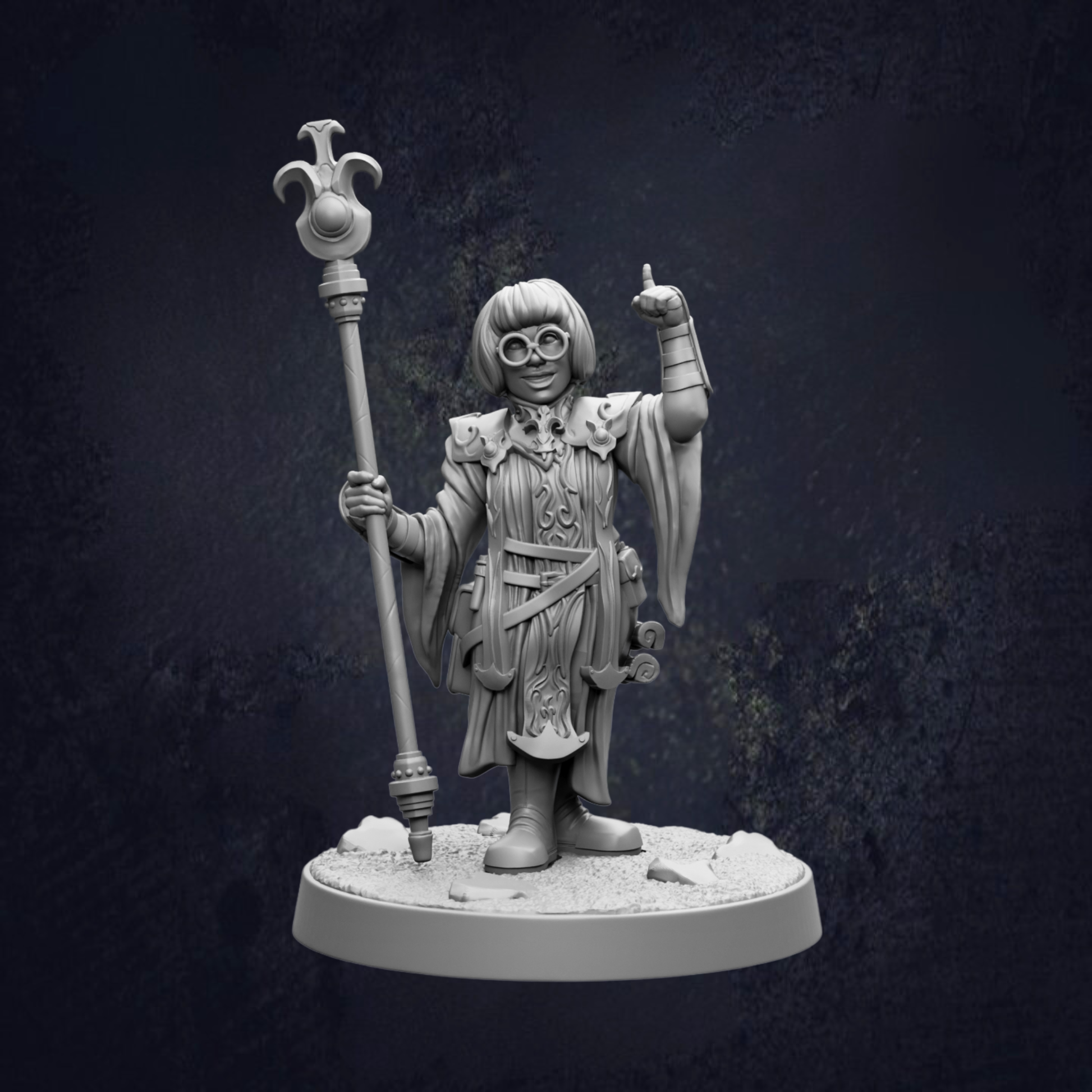 A 3D model of a character holding a staff and a staff-like object, standing on a base.